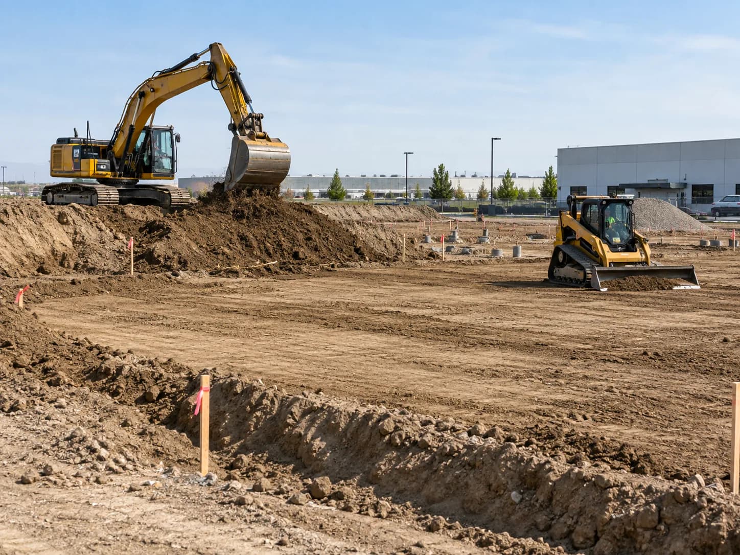 Excavator and compact loader working across an active grading site